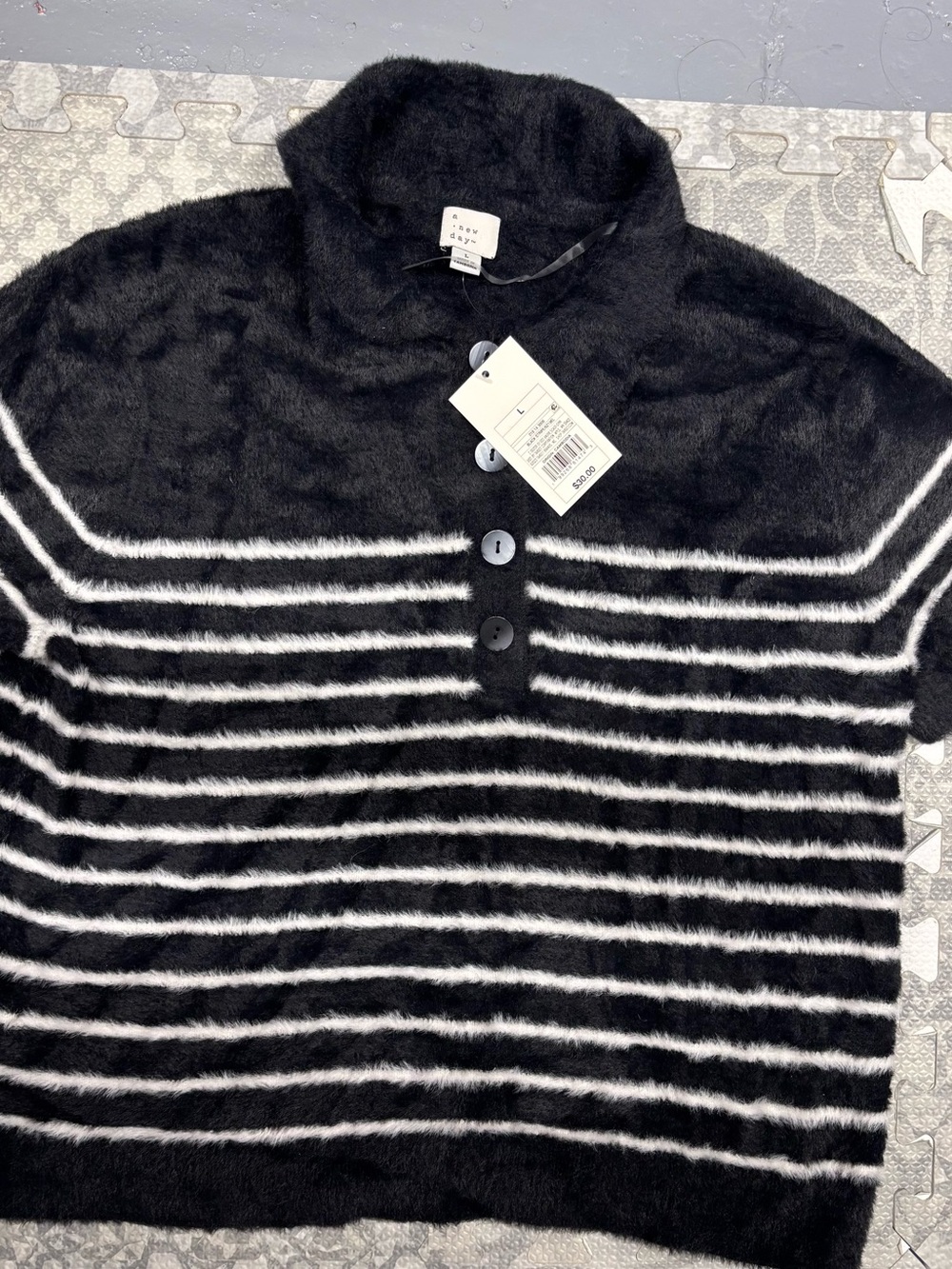 a new day Black Fuzzy Turtleneck Sweater with White Stripes